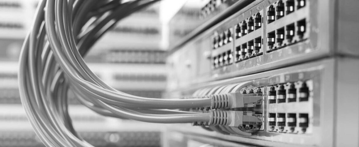Close-up of network cables connected to a patch panel in a server.